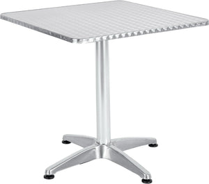 BTExpert Indoor Outdoor 27.5" Square Restaurant Table Stainless Steel Silver Aluminum + 3 Silver Gray Metal Slat Stack Chairs Commercial Lightweight