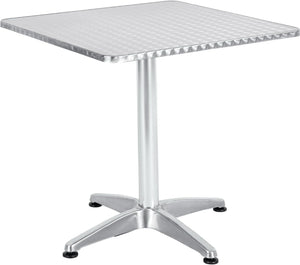 BTExpert Indoor Outdoor 27.5" Square Restaurant Table Stainless Steel Silver Aluminum + 4 Silver Gray Metal Aluminum Slat Stack Chairs Commercial