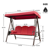 Load image into Gallery viewer, 3-Seat Outdoor Patio Porch Swing Chair, Adjustable Canopy Swing Glider with Weather Resistant Steel Frame, Adjustable Tilt Canopy,Removable Cushions and Pillow Included for Backyard，Red

