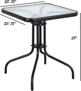 BTExpert Indoor Outdoor 23.75" Square Tempered Glass Metal Table Black + 3 Bronze Restaurant Metal Aluminum Slat Stack Chairs Lightweight
