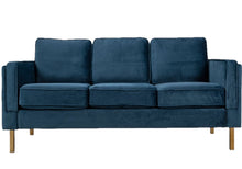 Load image into Gallery viewer, BTEXPERT Blue Velvet 3 Seater Sofa with Stainless Steel Legs in Polished Gold Finish

