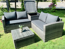 Load image into Gallery viewer, 4 Piece Outdoor Sectional Sofa Set, Rattan Patio Storage End Table Deck Yard Garden Poolside Wicker Furniture Couch Table &amp; Cushions Side Summer Grey
