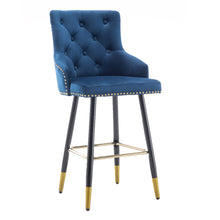 Load image into Gallery viewer, BTEXPERT Premium upholstered Dining 25&quot; High Back Stool Bar Chairs, Blue Velvet Tufted Gold Nail Head Trim  Set of 2
