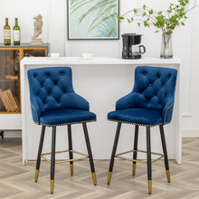 Load image into Gallery viewer, BTEXPERT Premium upholstered Dining 25&quot; High Back Stool Bar Chairs, Blue Velvet Tufted Gold Nail Head Trim  Set of 2
