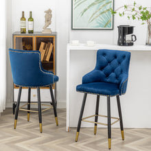 Load image into Gallery viewer, BTEXPERT Premium upholstered Dining 25&quot; High Back Stool Bar Chairs, Blue Velvet Tufted Gold Nail Head Trim  Set of 2
