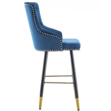 Load image into Gallery viewer, BTEXPERT Premium upholstered Dining 25&quot; High Back Stool Bar Chairs, Blue Velvet Tufted Gold Nail Head Trim  Set of 2
