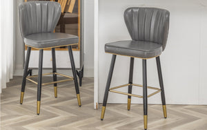 BTEXPERT upholstered Dining 25" High Back Stool Bar Chairs, Gray PU Leather Shellback Seat and Gold Trim Feet  Set of 2