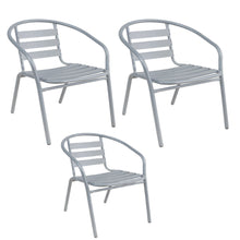 Load image into Gallery viewer, BTExpert Indoor Outdoor Set of 3 Silver Gray Restaurant Metal Aluminum Slat Stack Chairs Lightweight

