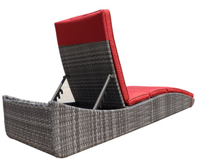 Foldable Outdoor Chaise Pool Lounge Chair Folding Wicker Rattan Sun bed Patio Couch Reclining lounger Adjustable Padded Backrest Pillow Assembled - Red Burgundy