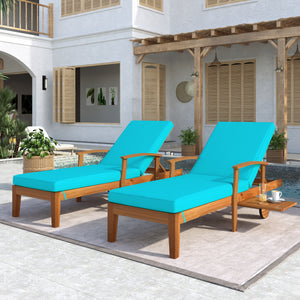 TOPMAX Outdoor Solid Wood 78.8" Chaise Lounge Patio Reclining Daybed with Cushion, Wheels and Sliding Cup Table for Backyard, Garden, Poolside,Brown Wood Finish+Blue Cushion, Set of 2