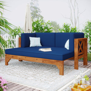 TOPMAX Outdoor Patio Extendable Wooden Sofa Set Sectional Furniture Set with Thick Cushions for Balcony,Backyard, Poolside, Brown Finish+Blue Cushion