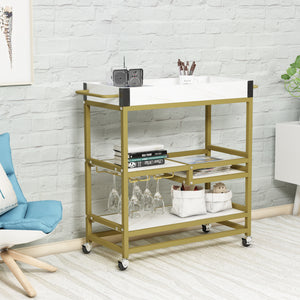TOPMAX 31.5" Large Bar Cart Home Serving Cart Dining Cart with Lockable Wheels, 3-Tier Wine Cart with Removable Tray, Glass Holders for Kitchen, Dining Room, Faux Marble White+Gold Frame
