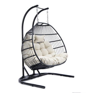 Double-Seat Folding Hanging Swing Chair with Stand w/Beige Cushion