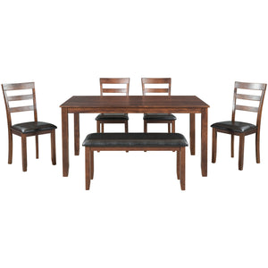 TREXM 6-Piece Kitchen Simple Wooden Dining Table and Chair with Bench, PU Cushion (Walnut)