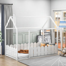 Load image into Gallery viewer, (Slats are not included) Twin Size Wood Bed House Bed Frame with Fence, for Kids, Teens, Girls, Boys  (White )
