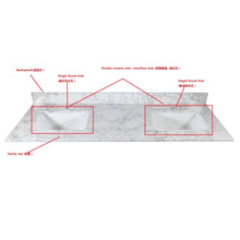 Load image into Gallery viewer, Montary 61‘’x22&quot; bathroom stone vanity top  engineered stone carrara white marble color with double rectangle undermount ceramic sink and single  faucet hole with back splash .
