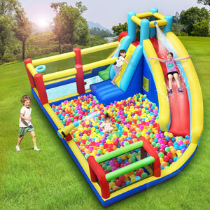 Inflatable Playground Backyard Water Park with Climbing Wall, Splash Pool, Water Cannon, Basketball Rim, Soccer Goal, Heavy Duty Blower, Water Sprinkler, for Outdoor Summer Fun