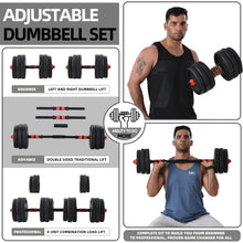 Load image into Gallery viewer, 62 LBS Weights dumbbells set, Adjustable Dumbbell Barbell Kettlebells Weight Pair, Kettlebells design for each plate, Free Weights Dumbbells 3 in 1 sets with connector for home gym, Pair, Black
