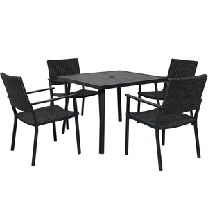 TOPMAX Outdoor Patio PE Wicker 5-Piece Dining Table Set with Umbrella Hole and 4 Dining Chairs for Garden, Deck,Black Frame+Black Rattan