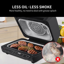 Load image into Gallery viewer, Geek Chef Airocook Smart 7-in-1 Indoor Electric Grill Air Fryer Family Large Capacity with Air Crisp Dehydrate Roast Bake Broil Pizza and Cyclonic Grilling Technology Countertop Grill Stainless Steel
