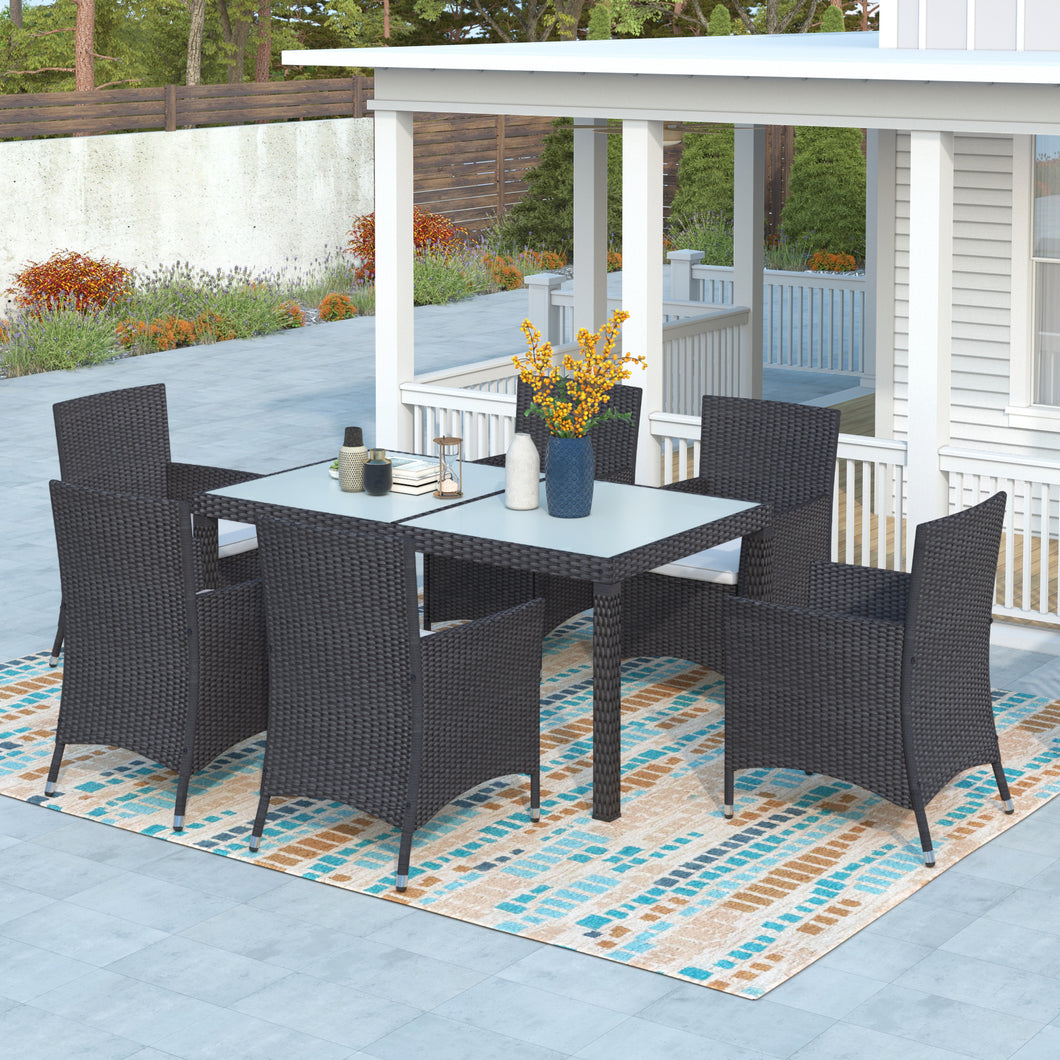 TOPMAX 7-piece Outdoor Wicker Dining set - Dining table set for 7 - Patio Rattan Furniture Set with Beige Cushion (Black)