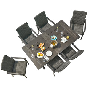 LAUSAINT HOME 6 - Person 74" Long Patio Dining Set with Rattan Chairs and Rectangular Aluminum Table for Garden, Yard
