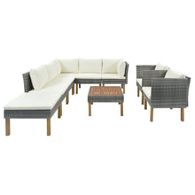 Load image into Gallery viewer, GO 9-Piece Outdoor Patio Garden Wicker Sofa Set, Gray PE Rattan Sofa Set, with Wood Legs, Acacia Wood Tabletop, Armrest Chairs with Beige Cushions
