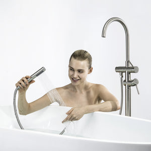 TrustMade Double Handle Freestanding Tub Filler with Handshower, Brushed Nickel - R01