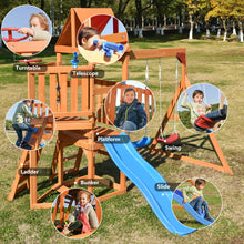 Load image into Gallery viewer, Wooden Swing Set with Slide, Climbing wall, Sandbox and Wood Roof, Outdoor Playhouse Backyard Activity Playground Playset for Toddlers
