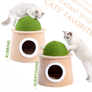 Cactus Cat Cave House with Sisal Scratching Post and sisal ball for cat kittens Green L
