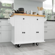 Load image into Gallery viewer, Kitchen Island Cart with Two Storage Cabinets and Two Locking Wheels，43.31 Inch Width，4 Door Cabinet and Two Drawers，Spice Rack, Towel Rack （White）
