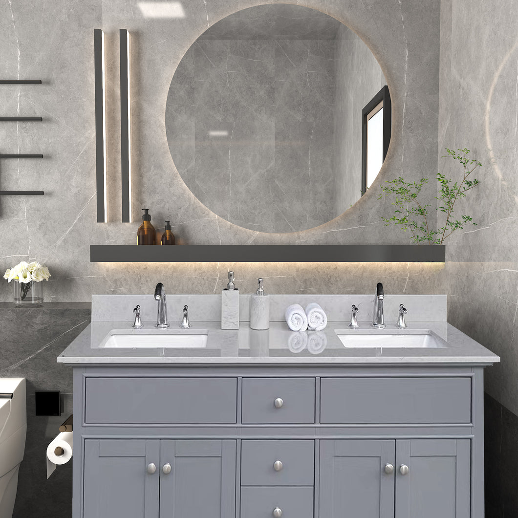 Montary 61 inches bathroom stone vanity top calacatta gray engineered marble color with undermount ceramic sink and 3 faucet hole with backsplash