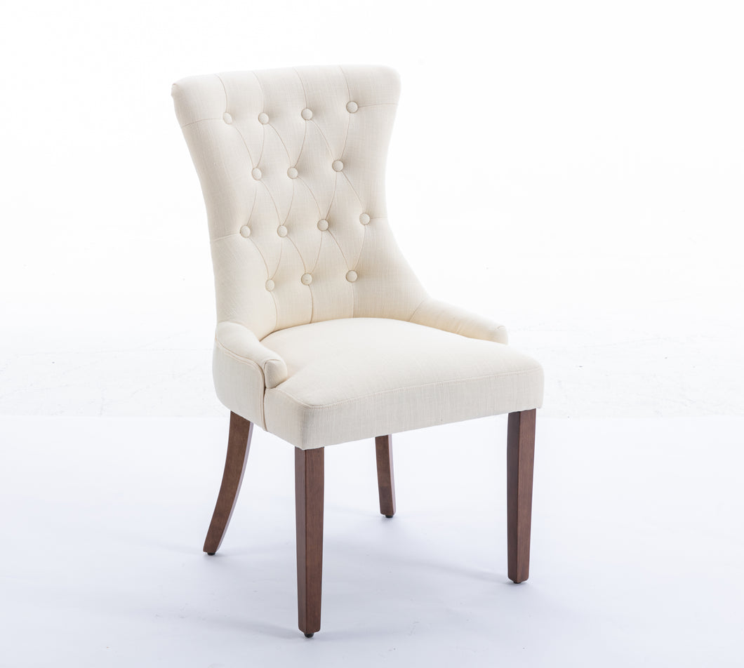 Classic Button Tufted Beige Linen Fabric Upholstered Dining Chair with Solid Wood Legs 2 PCS