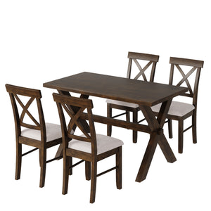 TOPMAX 5 Pieces Farmhouse Rustic Wood Kitchen Dining Table Set with Upholstered 4 X-back Chairs, Brown+Beige