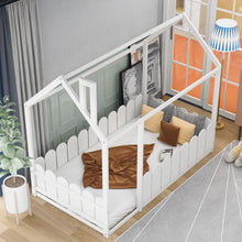 Load image into Gallery viewer, (Slats are not included) Twin Size Wood Bed House Bed Frame with Fence, for Kids, Teens, Girls, Boys  (White )
