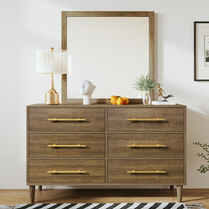 Mid-Century Modern Dresser with Golden Handles, Six-Drawer, Natural Walnut（mirror not included）