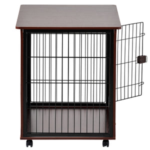 39” Length Furniture Style Pet Dog Crate Cage End Table with Wooden Structure and Iron Wire and Lockable Caters, Medium and Large Dog House Indoor Use.