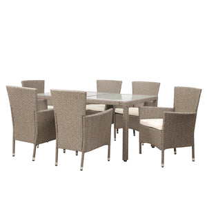 U_STYLE Outdoor Wicker Dining Set, 7 Piece Patio Dinning Table Beige-Brown Wicker Furniture Seating (Beige Cushions)