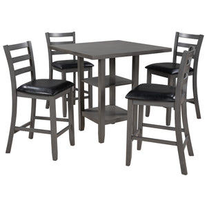 TREXM 5-Piece Wooden Counter Height Dining Set, Square Dining Table with 2-Tier Storage Shelving and 4 Padded Chairs, Gray