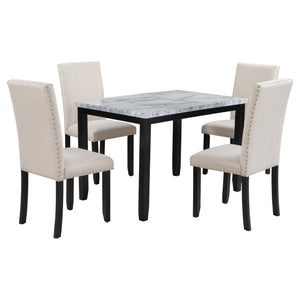 TREXM Faux Marble 5-Piece Dining Set Table with 4 Thicken Cushion Dining Chairs Home Furniture, White/Beige+Black
