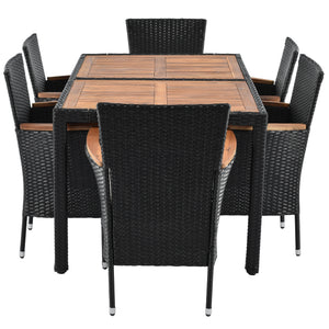 7-Piece Outdoor Patio Dining Set, Garden PE Rattan Wicker Dining Table and Chairs Set, Acacia Wood Tabletop, Stackable Armrest Chairs with Cushions (Brown)