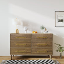 Load image into Gallery viewer, Mid-Century Modern Dresser with Golden Handles, Six-Drawer, Natural Walnut（mirror not included）

