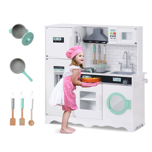 Kids Kitchen Playset, Toddler Wooden Pretend Cooking Playset w/ Fridge, Water Dispenser, Oven, Washer, Microwave, Stove, Telephone, w/ Sink, Shelf, Cabinets, Accessory Utensils Great Gift for Boys Gir