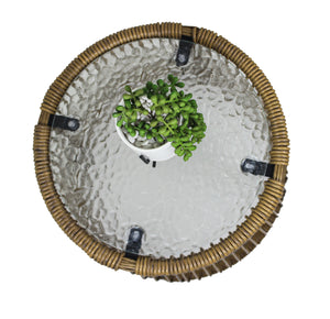 3PCS Outdoor Patio Balcony L Shape Natural Color Wicker Sofa Set with Beige Cushion And Round Tempered Glass Table