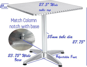 BTExpert Indoor Outdoor 27.5" Square Restaurant Table Stainless Steel Silver Aluminum + 3 Silver Gray Metal Slat Stack Chairs Commercial Lightweight