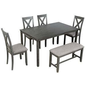 TREXM 6-Piece Kitchen Dining Table Set Wooden Rectangular Dining Table, 4 Dining Chairs and Bench Family Furniture for 6 People (Grey)