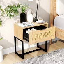 Load image into Gallery viewer, Nightstand Side Table, End Table, Sofa Side Table, with Wicker Rattan, Wood Color MDF and Black Steel Frame
