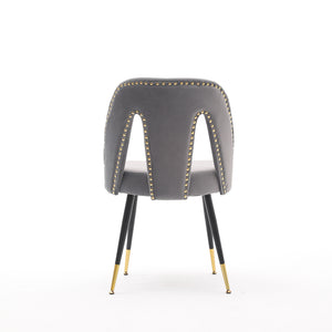 A&A Furniture,Akoya Collection Modern | Contemporary Velvet Upholstered Dining Chair with Nailheads and Gold Tipped Black Metal Legs, Gray，Set of 2