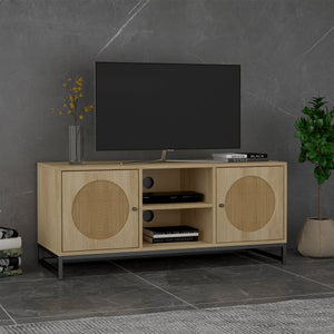 Allen 2 Door TV stand，Easy Assembly，Rattan，Entertainment Center Media Console Table with Cabinet Door for Living Room Bedroom