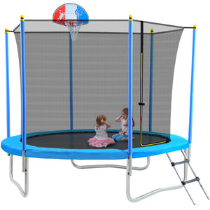 8FT Trampoline for Kids with Safety Enclosure Net, Basketball Hoop and Ladder, Easy Assembly Round Outdoor Recreational Trampoline